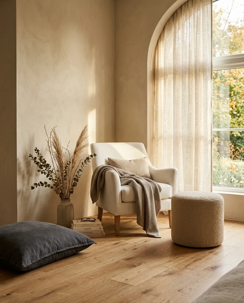 Cozy reading corner with a linen armchair and warm afternoon light